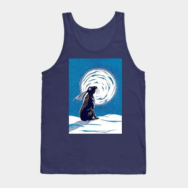 Moon Gazing Hare in Winter Linocut in Blues Tank Top by Maddybennettart